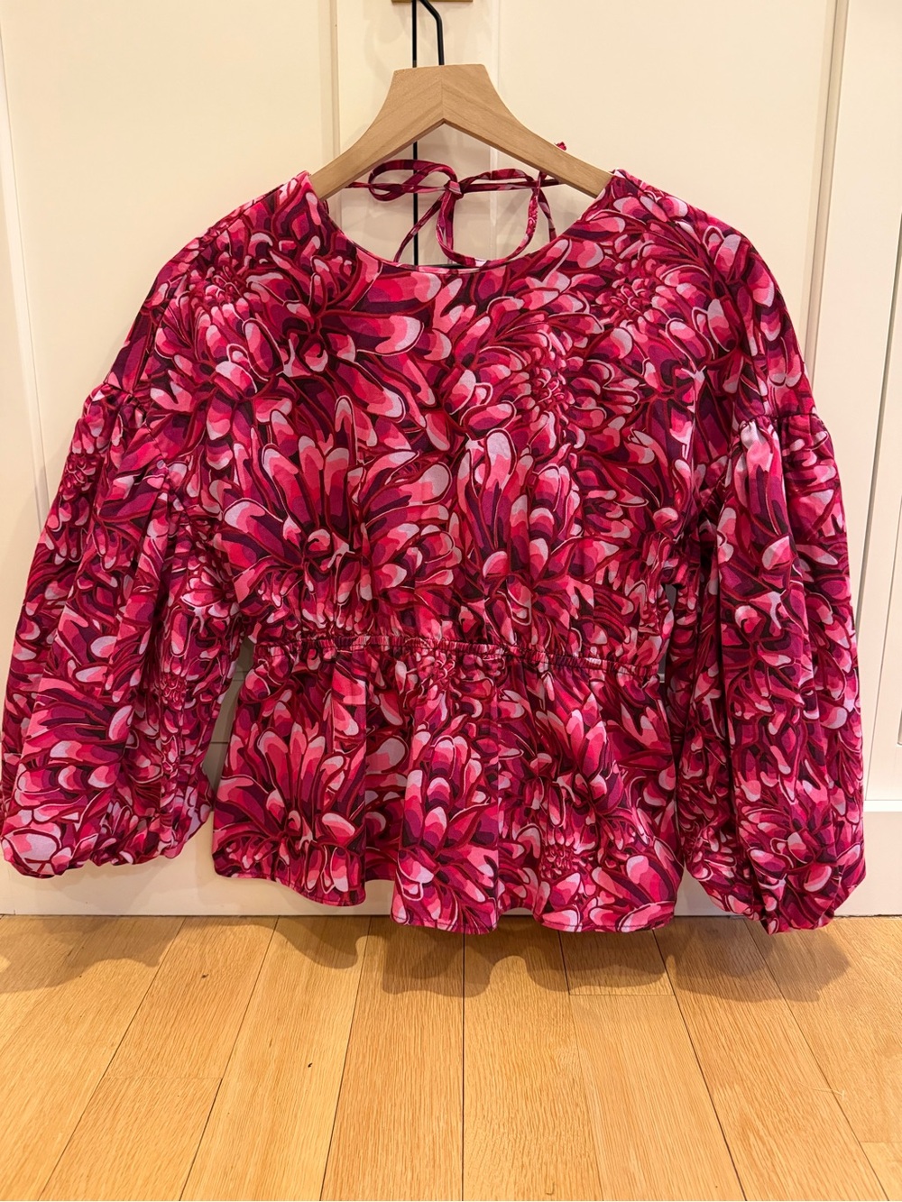 Kika Vargas Pink Floral Peplum Blouse with Puff Sleeves